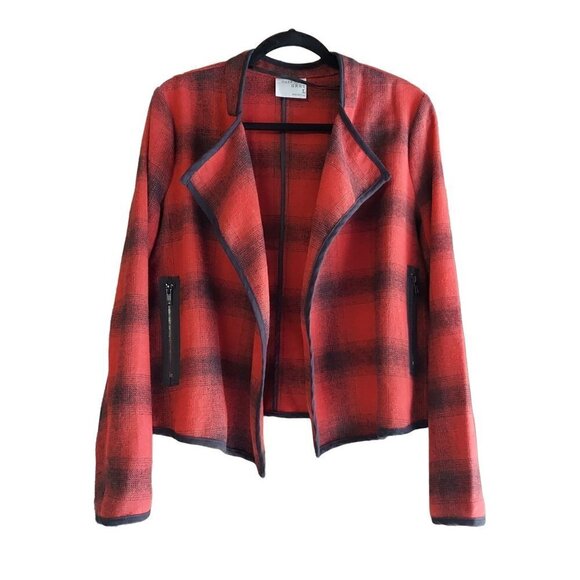 Ruff Hewn Grey Women's Red & Black Plaid Open Front Wool Blend Jacket - Picture 1 of 6